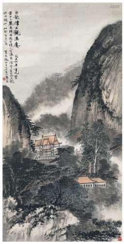 贺天健（1891～1977） 白龙潭上观瀑廔 设色纸本 立轴