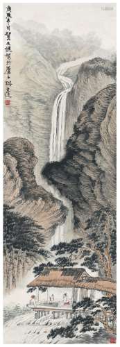 贺天健（1891～1977） 溪阁论道图 设色纸本 立轴