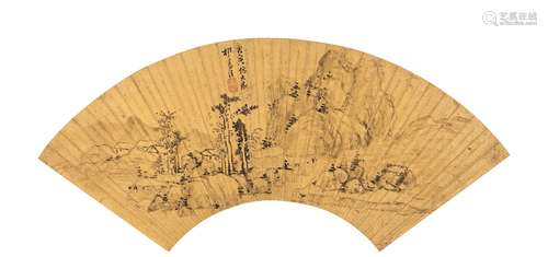 祁豸佳（1594～1683后） 仿大痴山水 水墨泥金纸本 扇页 款识：唐寅仿大痴，祁豸佳。 钤印：豸佳（朱） QI ZHIJIA  LANDSCAPE AFTER DACHI Ink on 作者简介：祁豸佳（1594～1683后），一名廌佳，字止祥，号雪瓢，山阴（今浙江绍兴）人。明天启七年举人，官吏部司务。1644年明亡后不仕，隐于梅市，卖画自给。工诗文，善书画篆刻。