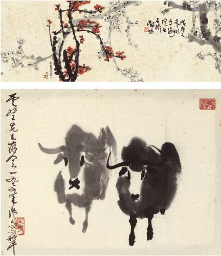 吴作人（1908～1997）、邓 林（1941～ ） 双牛图·红梅图 水墨纸本·设色纸本 镜片（二帧）