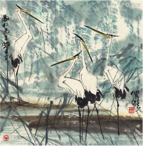 舒传曦（1932～ ） 池塘鹭鸶图 设色纸本 立轴