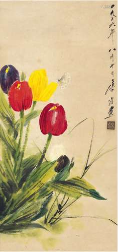 唐 云（1910～1993） 花蝶图 设色纸本 镜片