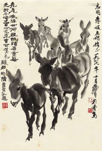 黄 胄（1925～1997） 群驴图 水墨纸本 立轴