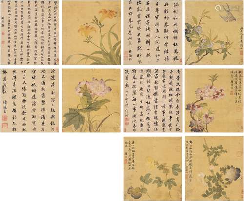 张廷玉（1672～1755）、刘统勋（1698～1773）、任兰枝（1677～1746）、戴 瀚（1717～？）、顾 桓［清］ 花鸟书法册 设色绢本 纸本 册页（十页）