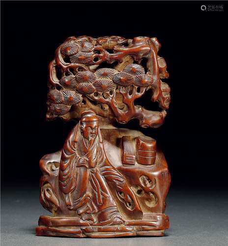 清早期·黄杨木镂雕松下高仕摆件 EARLY QING DYNASTY  AN OPENWORK BOXWOOD CARVING GROUP