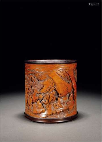 清·黄杨木雕山水人物图笔筒 QING DYNASTY  A BOXWOOD BRUSHPOT WITH LANDSCAPE AND FIGURE PATTERNS