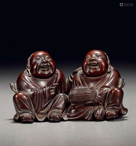 清·黄杨木雕和合二仙摆件 QING DYNASTY  A BOXWOOD FIGURE GROUP