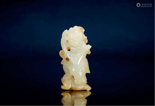 明·白玉刘海戏金蟾把件 MING DYNASTY  A WHITE JADE 'FIGURE' ORNAMENT