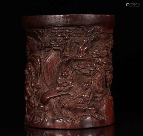 A ZITAN WOOD BRUSH POT WITH CHARACTER STORY PATTERN