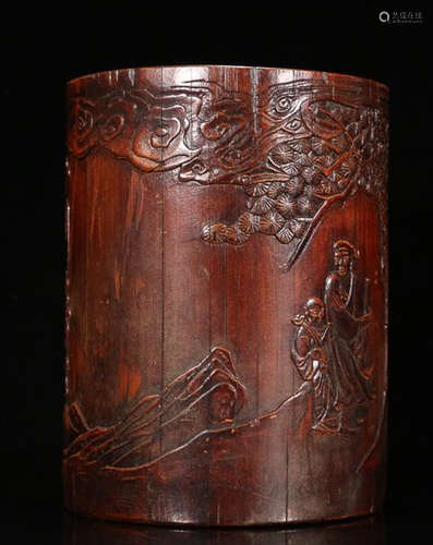 A BAMBOO CARVING STORY TELLING BRUSH POT