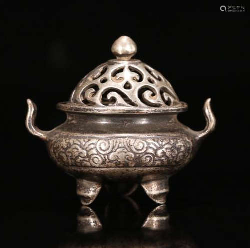 A SILVER TWO-EAR CENSER