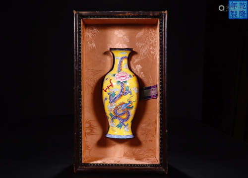 A COPPER GILT FAMILLE ROSE VASE IN DRAGON CARVED