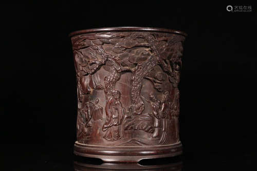 A ZITAN WOOD BRUSH POT OF STORY CARVING