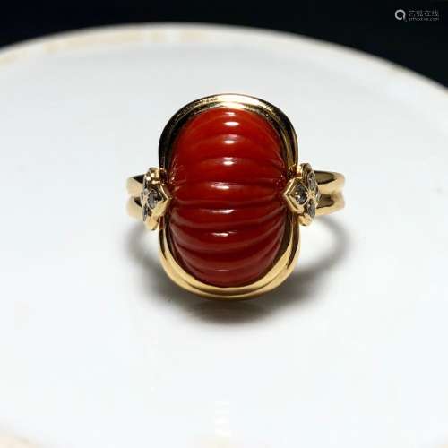 A MELON SHAPE AKA TYPE RED CORAL RING WITH 18K GOLD BAND