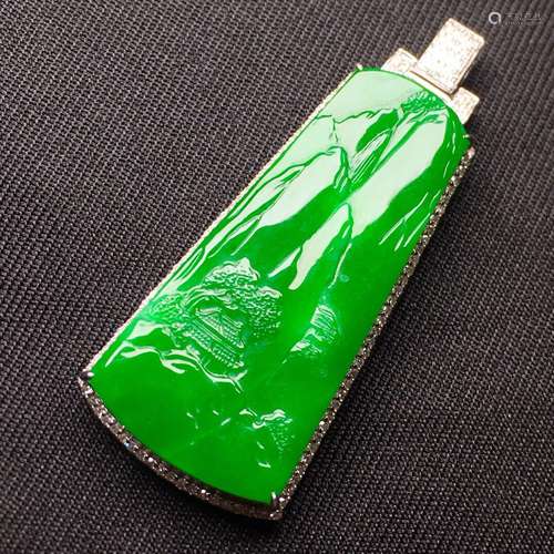 A STORY-TELLING JADEITE PENDANT WITH 18K GOLD FRAME