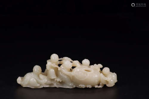 A HETIAN JADE BRUSH POT SCULPTURED IN 5 FORTUNE BOYS