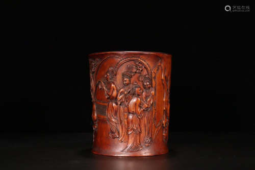 A HUANGYANG WOOD BRUSH POT OF STORY CARVING