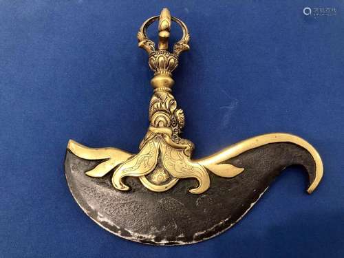 A TIBETAN GILT BRONZE YUE (WEAPON)