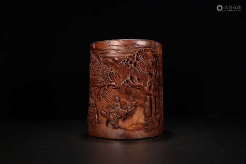 A BAMBOO BRUSH POT WITH STORY CARVING