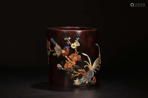 A ZITAN WOOD BRUSH POT OF FLOWER CARVING