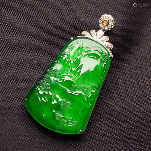 A STORY-TELLING JADEITE PENDANT WITH 18K GOLD FRAME