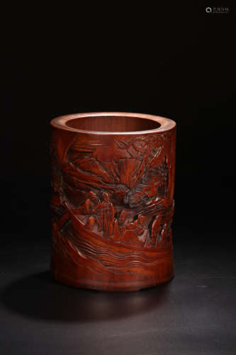 A BAMBOO BRUSH POT WITH STORY CARVING