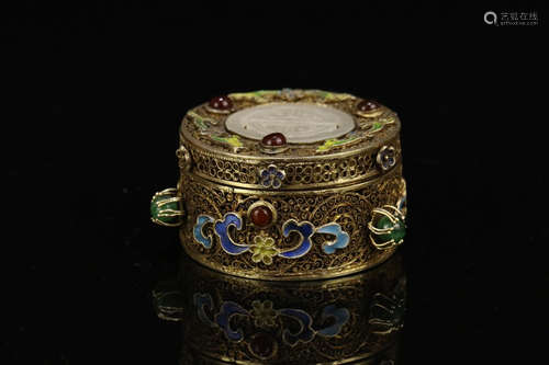 A COPPER GILT INLAY WITH JADE BOX