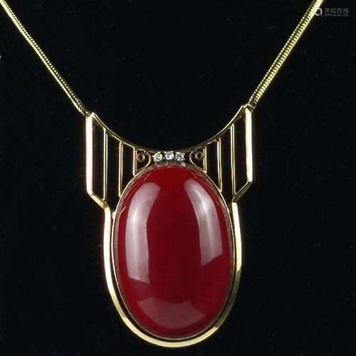 A RED EGG SHAPE AKA TYPE RED CORAL PENDANT WITH 18K GOLD NECKLACE