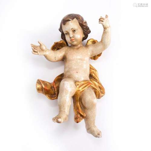 19TH C. WOODEN POLYCHROME CHERUB PUTTI ANGEL