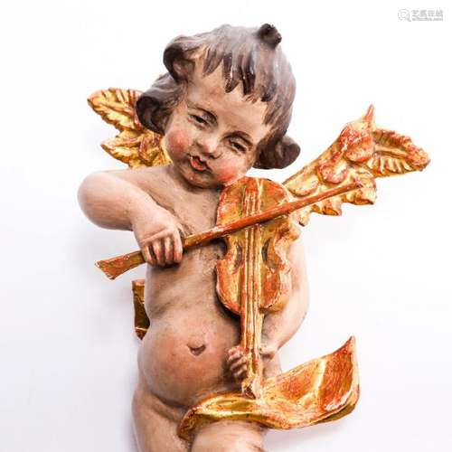 19TH C. WOODEN CHERUB PUTTI ANGEL WITH VIOLIN