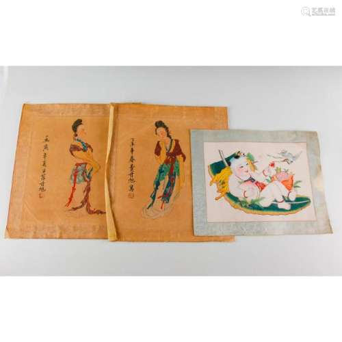 GROUP OF THREE CHINESE COLOR PRINTS, GUANYIN, CRANE,