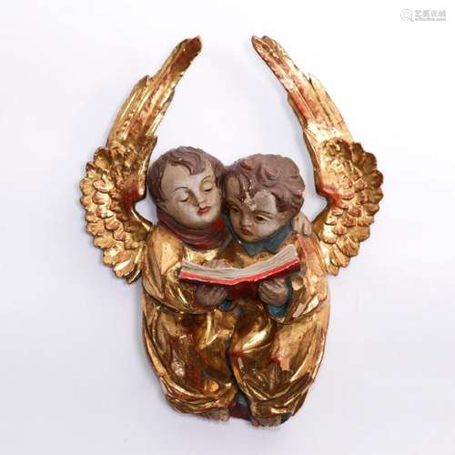 19TH CENTURY WOODEN 2 ANGELS READING PRAYER BOOK