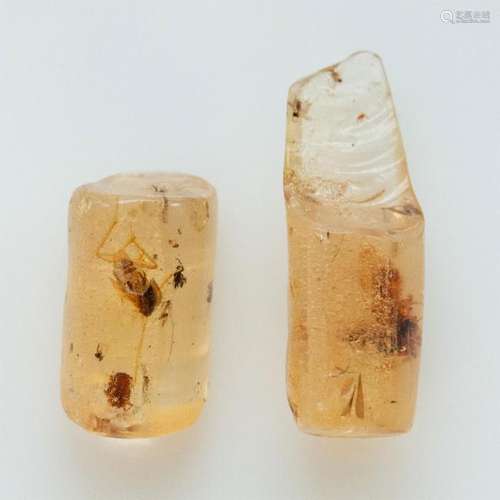 2 POLISHED LIGHT HONEY COPAL AMBER RODS W. MANY INSECTS