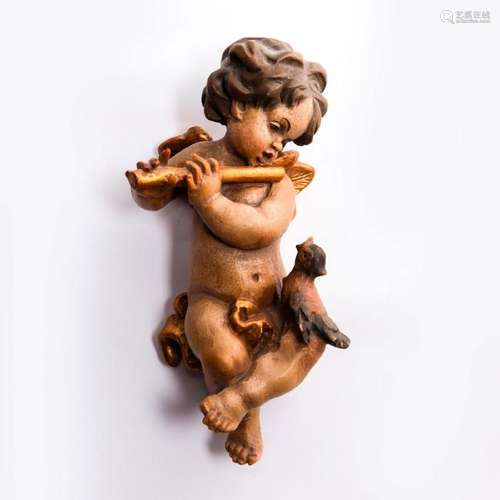 POLYCHROME CHERUB PUTTI ANGEL WITH FLUTE