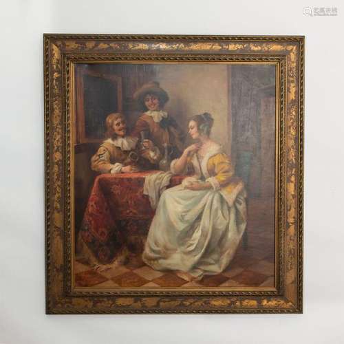 LARGE PARCEL GILT FRAMED OIL FLEMISH STYLE SCENE