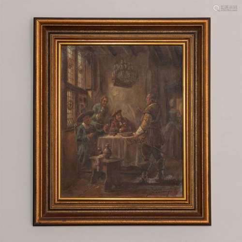 FRAMED OIL PAINTING, TAVERN REVELERS BY ALOIS STADLMAYR