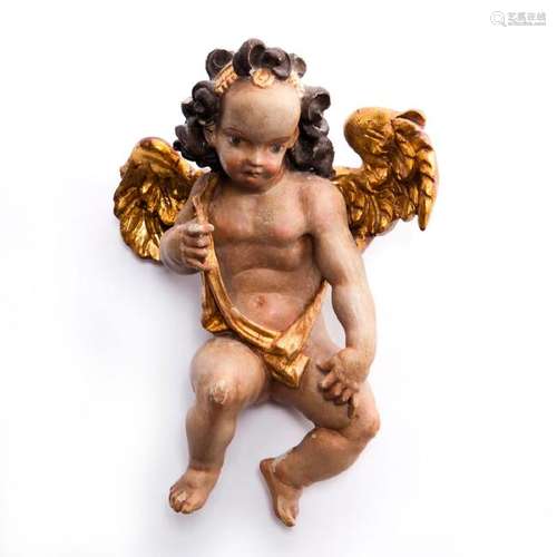 POLYCHROME BAROQUE WOODEN CHERUB PUTTI ANGEL