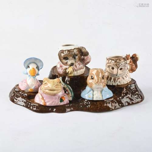 SET OF 5 BESWICK BEATRIX POTTER CHARACTER JUGS & STAND