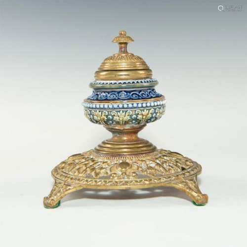 DOULTON LAMBETH ART NOUVEAU BRASS AND STONEWARE INKWELL