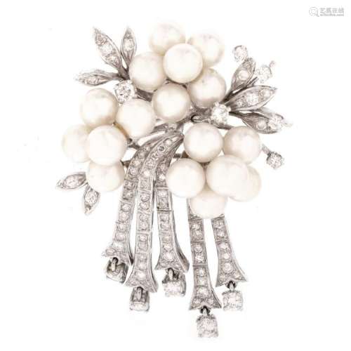 Vintage Diamond, Pearl and 14K Brooch