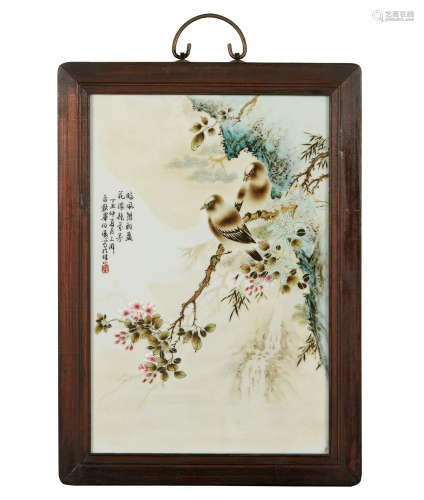 1937年作 畢伯濤 1886-1961 粉彩花鳥圖瓷版畫