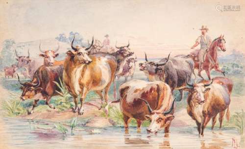 Louis Maurer Watercolor of Cows and Horsemen