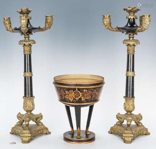 Pr. of Gilt Bronze Candelabra & Tole Centerpiece Basket