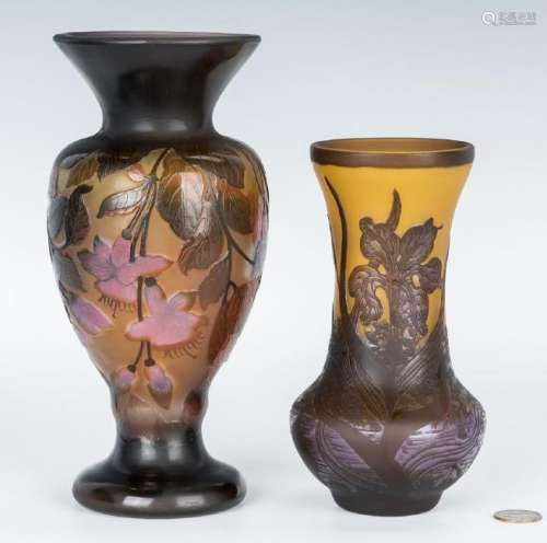 2 European Cameo Cut Art Glass Vases, incl. Galle,