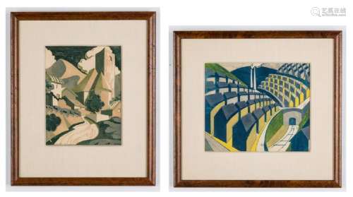 2 Ursula Fookes Linocuts, Built Up Town & Pastoral