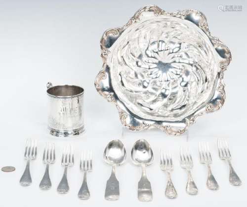 Sterling Bowl, Mug, and 10 pcs coin silver flatware