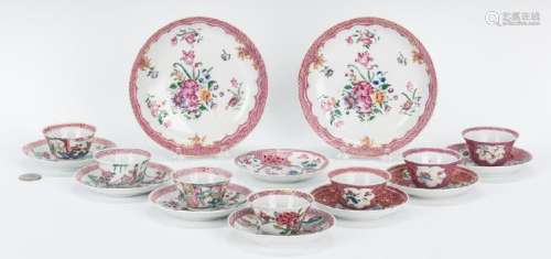 17 Famille Rose cups, saucers, pink borders
