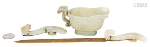 Archaic form Jade Libation Cup & 2 Jade Belt Hooks