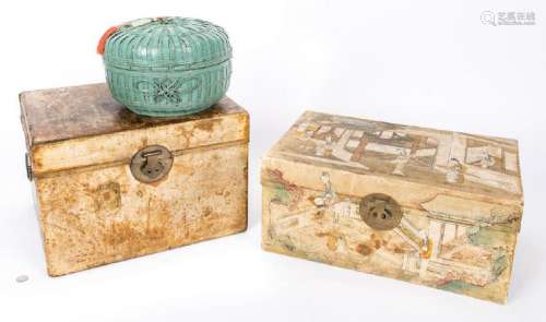 Chinese Storage Basket w/ White Jade & 2 Chinese Chests