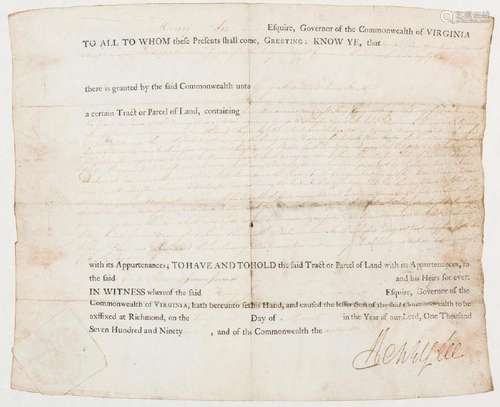 Governor Henry Lee Signed Land Grant, 1792